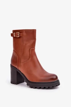 Sale Ocieplane Botki Na Słupku Z Klamrą Brązowe Selavia Damskie Botki Na Słupku|Czarne Botki