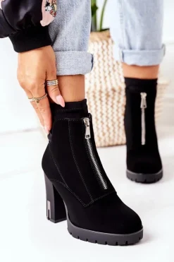 Outlet Ocieplane Botki Na Słupku Czarne Wonder Woman Damskie Botki Ocieplane|Botki Na Słupku