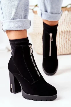 Outlet Ocieplane Botki Na Słupku Czarne Wonder Woman Damskie Botki Ocieplane|Botki Na Słupku