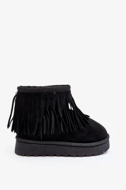 Dziewczęce></noscript>Boto Ocieplane Botki Śniegowce Dziecięce Z Ozdobnymi Frędzlami Czarne Nimia Czarny