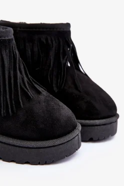 Dziewczęce></noscript>Boto Ocieplane Botki Śniegowce Dziecięce Z Ozdobnymi Frędzlami Czarne Nimia Czarny