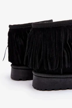 Dziewczęce></noscript>Boto Ocieplane Botki Śniegowce Dziecięce Z Ozdobnymi Frędzlami Czarne Nimia Czarny