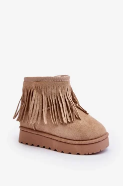 Clearance Boto Ocieplane Botki Śniegowce Dziecięce Z Ozdobnymi Frędzlami Beżowe Nimia Beżowy