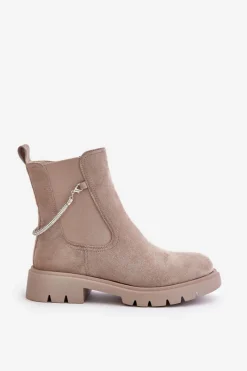 Hot Boto Ocieplane Botki Sztyblety Na Zamek Z Ozdobnym Paskiem Beżowe Labenne