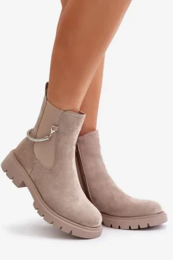 Hot Boto Ocieplane Botki Sztyblety Na Zamek Z Ozdobnym Paskiem Beżowe Labenne