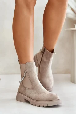 Hot Boto Ocieplane Botki Sztyblety Na Zamek Z Ozdobnym Paskiem Beżowe Labenne