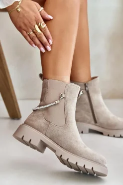 Hot Boto Ocieplane Botki Sztyblety Na Zamek Z Ozdobnym Paskiem Beżowe Labenne