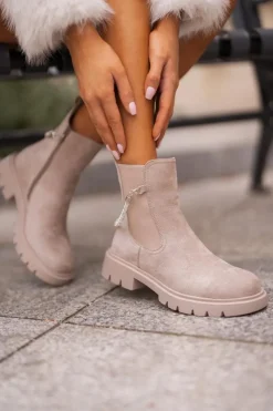 Hot Boto Ocieplane Botki Sztyblety Na Zamek Z Ozdobnym Paskiem Beżowe Labenne