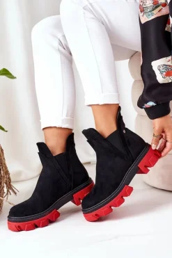 Ocieplane Botki Sztyblety Czarno-Czerwone Fearless Damskie Czarne Botki|Botki Zimowe Damskie