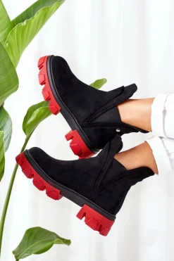 Ocieplane Botki Sztyblety Czarno-Czerwone Fearless Damskie Czarne Botki|Botki Zimowe Damskie