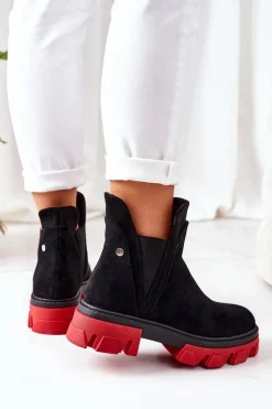 Ocieplane Botki Sztyblety Czarno-Czerwone Fearless Damskie Czarne Botki|Botki Zimowe Damskie