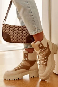 Online Ocieplane Botki Trapery Beżowo-Brązowe Settimo Damskie Damskie Trapery|Botki Sznurowane