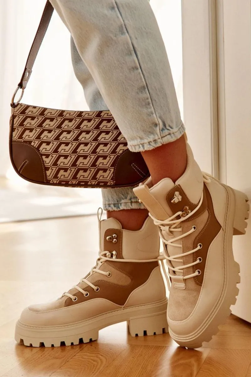 Online Ocieplane Botki Trapery Beżowo-Brązowe Settimo Damskie Damskie Trapery|Botki Sznurowane