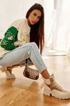 Online Ocieplane Botki Trapery Beżowo-Brązowe Settimo Damskie Damskie Trapery|Botki Sznurowane