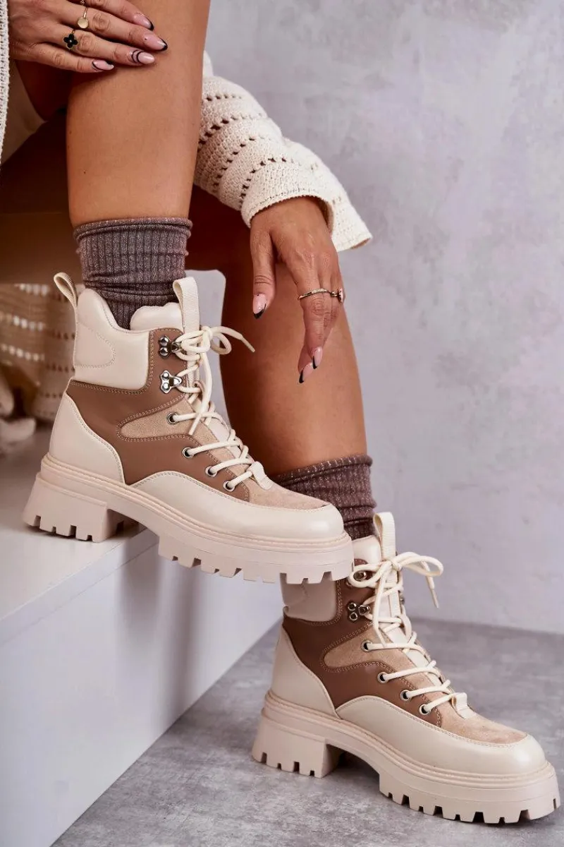 Online Ocieplane Botki Trapery Beżowo-Brązowe Settimo Damskie Damskie Trapery|Botki Sznurowane