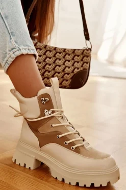 Online Ocieplane Botki Trapery Beżowo-Brązowe Settimo Damskie Damskie Trapery|Botki Sznurowane