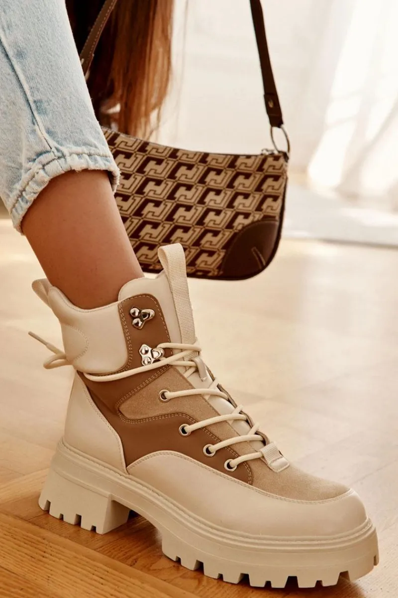 Online Ocieplane Botki Trapery Beżowo-Brązowe Settimo Damskie Damskie Trapery|Botki Sznurowane
