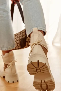 Online Ocieplane Botki Trapery Beżowo-Brązowe Settimo Damskie Damskie Trapery|Botki Sznurowane