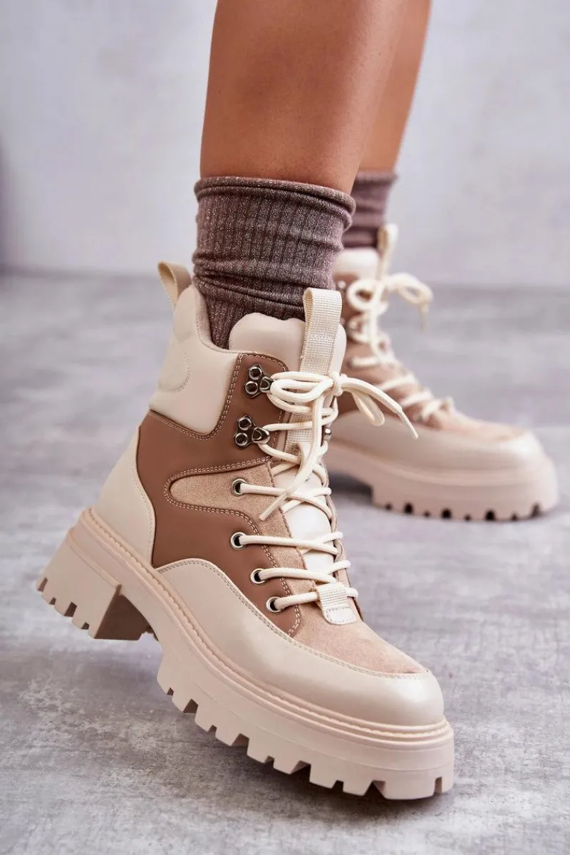 Online Ocieplane Botki Trapery Beżowo-Brązowe Settimo Damskie Damskie Trapery|Botki Sznurowane