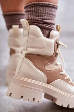 Online Ocieplane Botki Trapery Beżowo-Brązowe Settimo Damskie Damskie Trapery|Botki Sznurowane