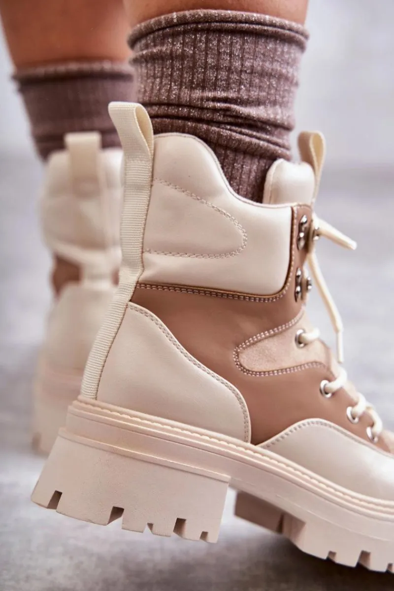 Online Ocieplane Botki Trapery Beżowo-Brązowe Settimo Damskie Damskie Trapery|Botki Sznurowane