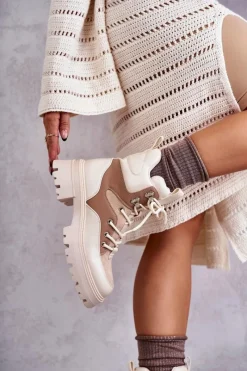 Online Ocieplane Botki Trapery Beżowo-Brązowe Settimo Damskie Damskie Trapery|Botki Sznurowane