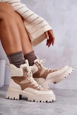 Online Ocieplane Botki Trapery Beżowo-Brązowe Settimo Damskie Damskie Trapery|Botki Sznurowane