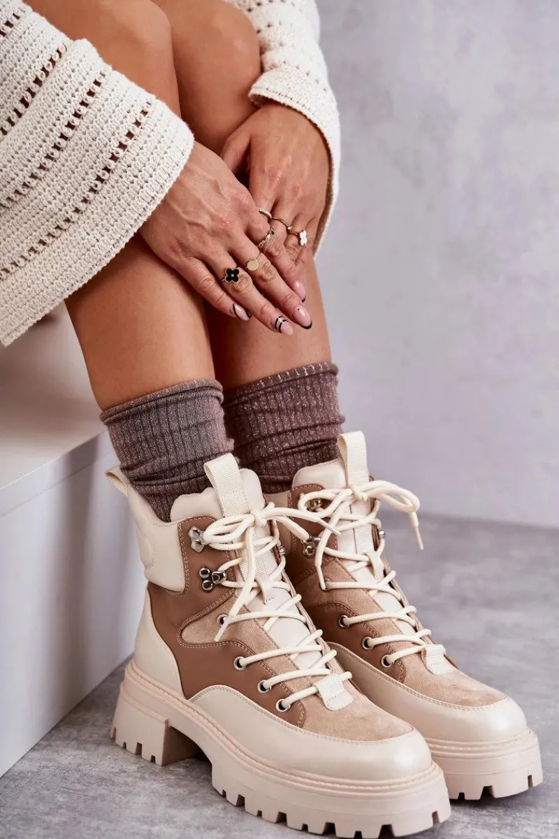 Online Ocieplane Botki Trapery Beżowo-Brązowe Settimo Damskie Damskie Trapery|Botki Sznurowane
