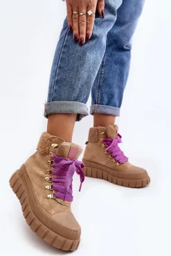 Outlet Boto Ocieplane Botki Trapery Na Grubej Podeszwie Brązowe Ralotta