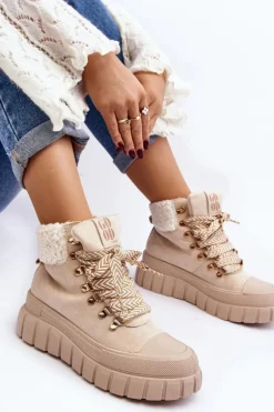 Damskie Trapery|Botki Zimowe Damskie></noscript>Boto Ocieplane Botki Trapery Na Grubej Podeszwie Jasnobeżowe Ralotta