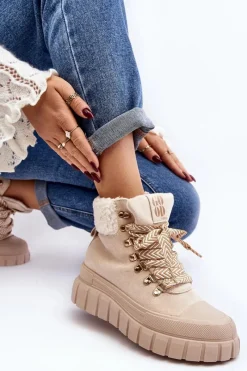 Damskie Trapery|Botki Zimowe Damskie></noscript>Boto Ocieplane Botki Trapery Na Grubej Podeszwie Jasnobeżowe Ralotta