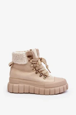 Damskie Trapery|Botki Zimowe Damskie></noscript>Boto Ocieplane Botki Trapery Na Grubej Podeszwie Jasnobeżowe Ralotta