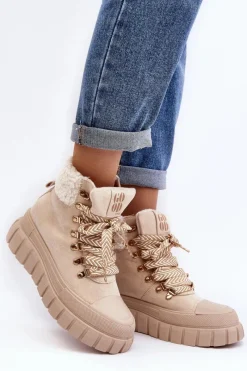 Damskie Trapery|Botki Zimowe Damskie></noscript>Boto Ocieplane Botki Trapery Na Grubej Podeszwie Jasnobeżowe Ralotta