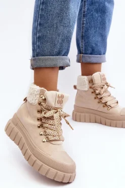 Damskie Trapery|Botki Zimowe Damskie></noscript>Boto Ocieplane Botki Trapery Na Grubej Podeszwie Jasnobeżowe Ralotta