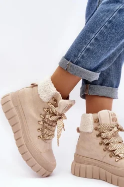 Damskie Trapery|Botki Zimowe Damskie></noscript>Boto Ocieplane Botki Trapery Na Grubej Podeszwie Jasnobeżowe Ralotta