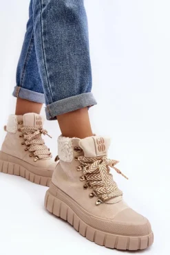 Damskie Trapery|Botki Zimowe Damskie></noscript>Boto Ocieplane Botki Trapery Na Grubej Podeszwie Jasnobeżowe Ralotta