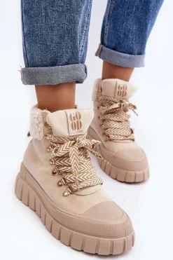 Damskie Trapery|Botki Zimowe Damskie></noscript>Boto Ocieplane Botki Trapery Na Grubej Podeszwie Jasnobeżowe Ralotta