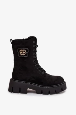 Outlet Ocieplane Botki Wokrery Damskie Z Ozdobą Czarne Melisse Damskie Botki Ocieplane|Botki Sznurowane