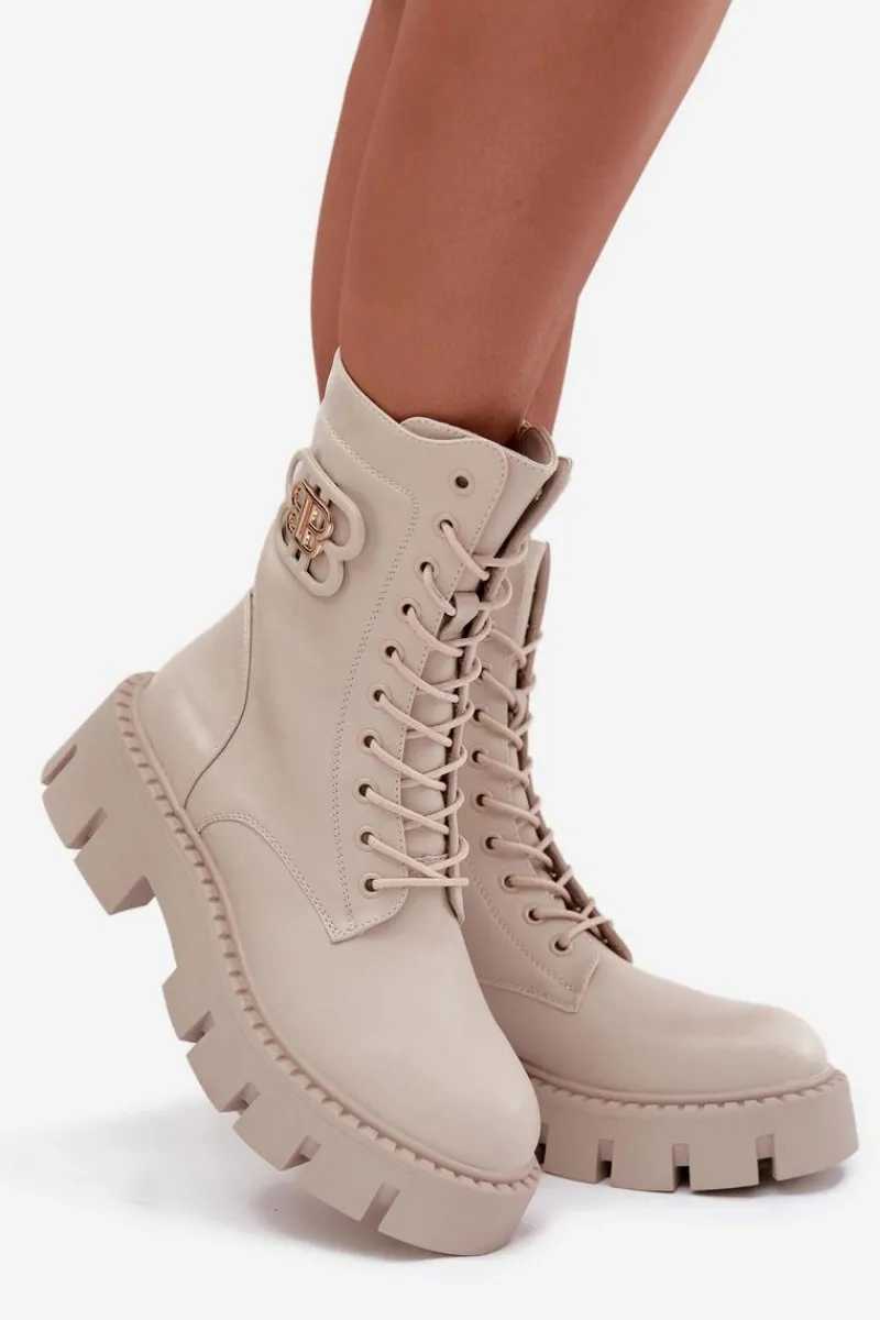 Online Ocieplane Botki Wokrery Damskie Z Ozdobą Jasnobeżowe Melisse Damskie Botki Ocieplane|Botki Sznurowane