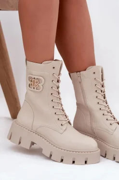 Online Ocieplane Botki Wokrery Damskie Z Ozdobą Jasnobeżowe Melisse Damskie Botki Ocieplane|Botki Sznurowane