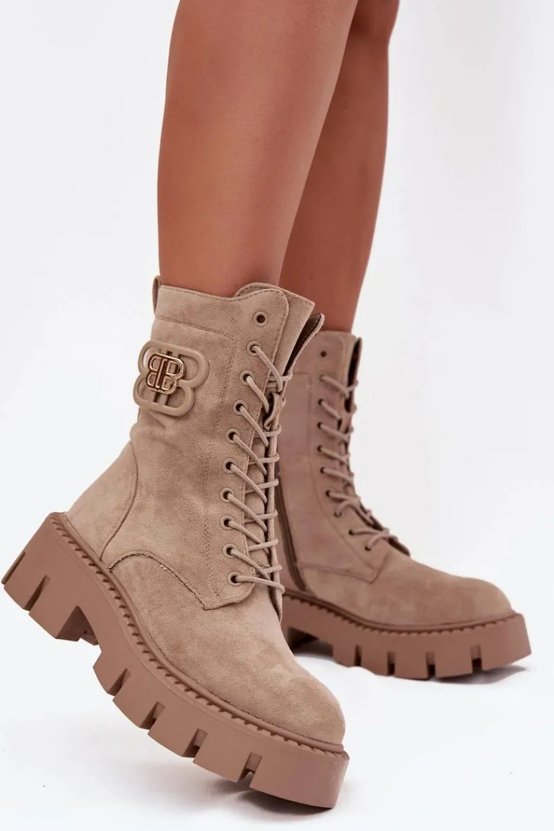 Online Ocieplane Botki Wokrery Damskie Z Ozdobą Beżowe Melisse Damskie Botki Ocieplane|Botki Sznurowane