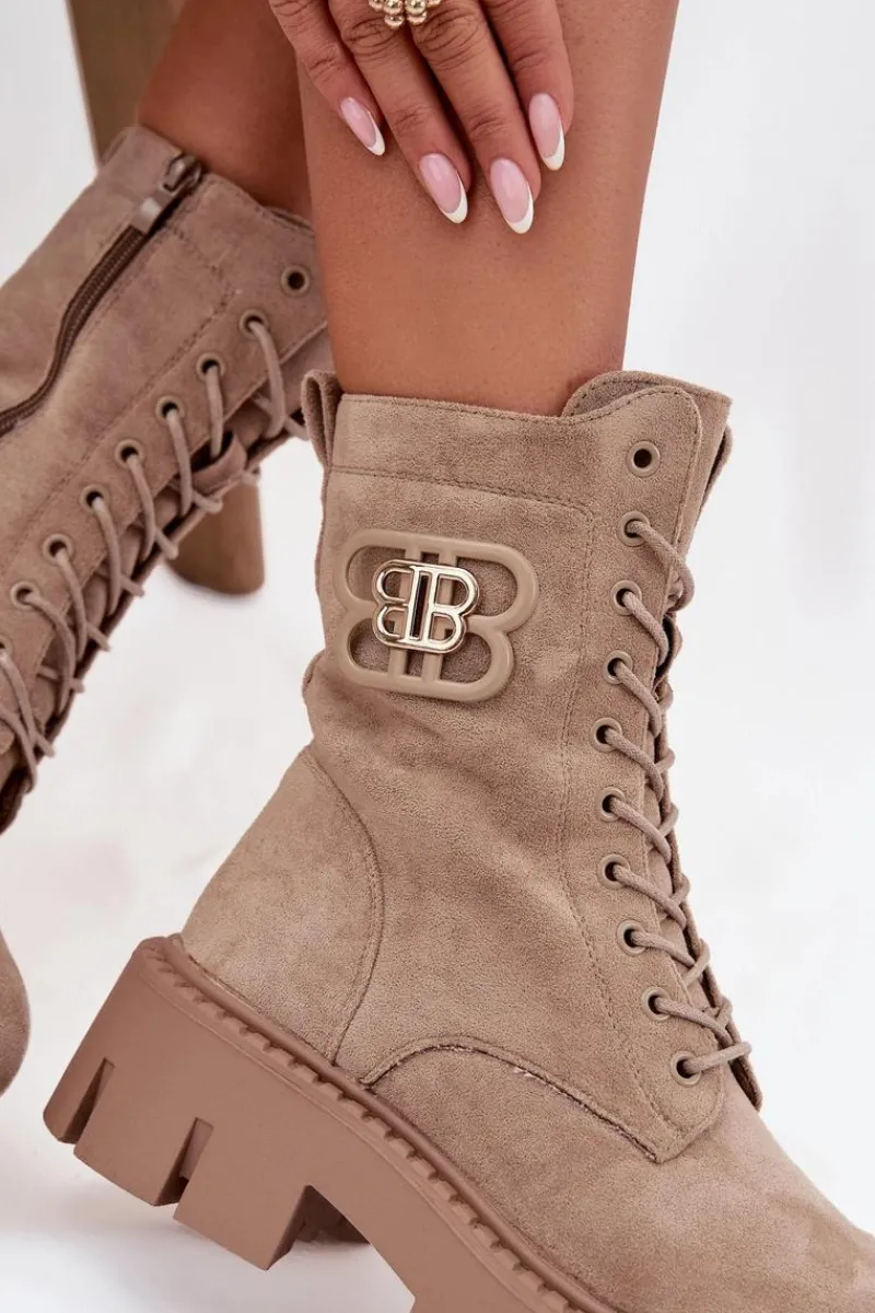 Online Ocieplane Botki Wokrery Damskie Z Ozdobą Beżowe Melisse Damskie Botki Ocieplane|Botki Sznurowane