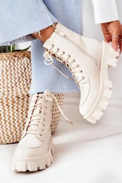 Clearance Ocieplane Botki Workery Beżowe World Is Mine Damskie Botki Sznurowane|Czarne Botki