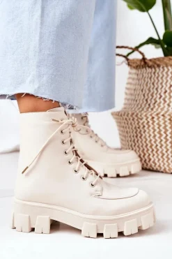 Clearance Ocieplane Botki Workery Beżowe World Is Mine Damskie Botki Sznurowane|Czarne Botki