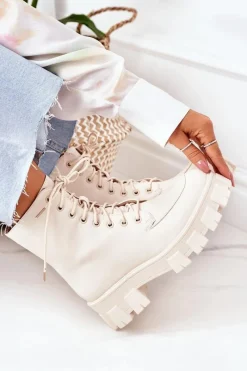 Clearance Ocieplane Botki Workery Beżowe World Is Mine Damskie Botki Sznurowane|Czarne Botki