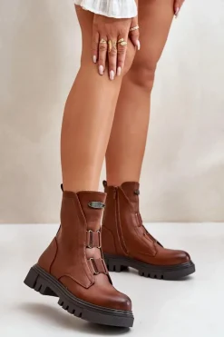 Ocieplane Botki Workery Damskie Na Zamek Eko Skórzane Brązowe Mailyra Damskie Botki Zimowe Damskie|Brązowe I Beżowe Botki