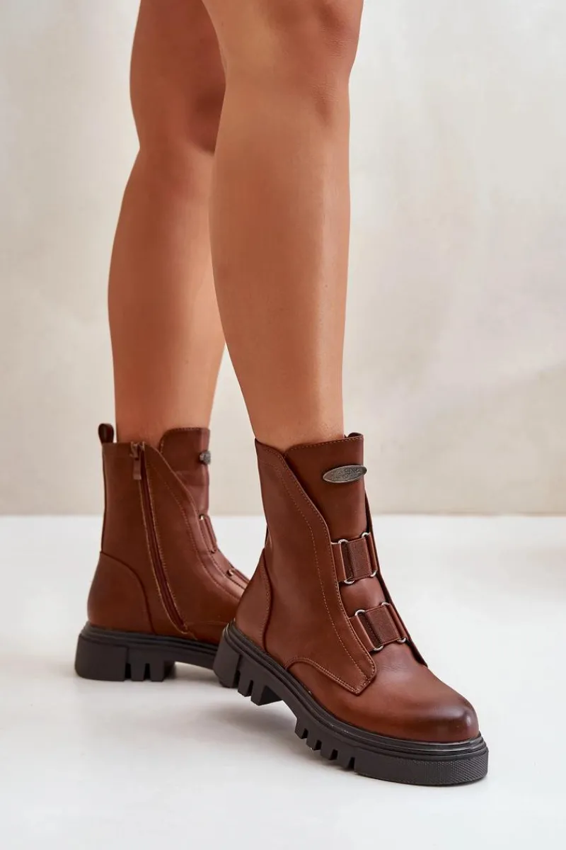 Ocieplane Botki Workery Damskie Na Zamek Eko Skórzane Brązowe Mailyra Damskie Botki Zimowe Damskie|Brązowe I Beżowe Botki