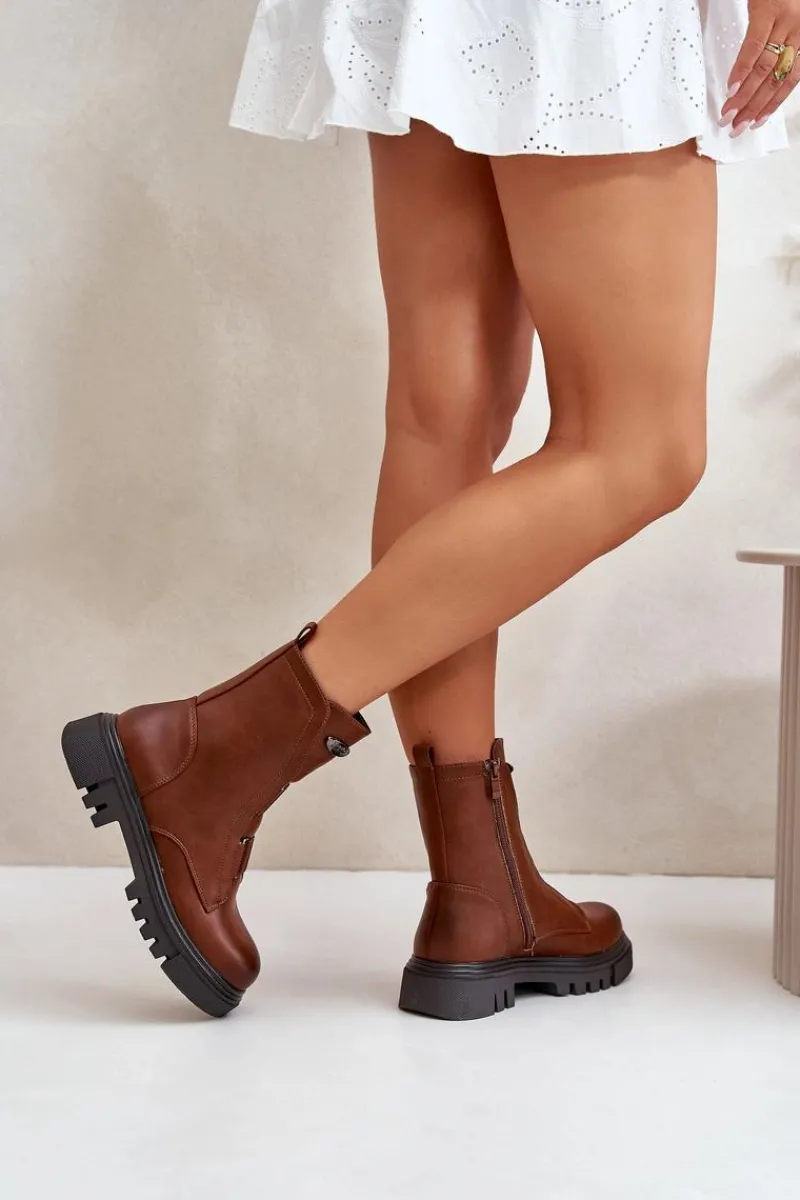 Ocieplane Botki Workery Damskie Na Zamek Eko Skórzane Brązowe Mailyra Damskie Botki Zimowe Damskie|Brązowe I Beżowe Botki