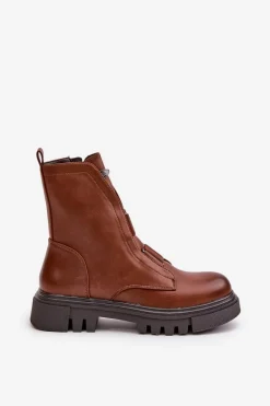 Ocieplane Botki Workery Damskie Na Zamek Eko Skórzane Brązowe Mailyra Damskie Botki Zimowe Damskie|Brązowe I Beżowe Botki