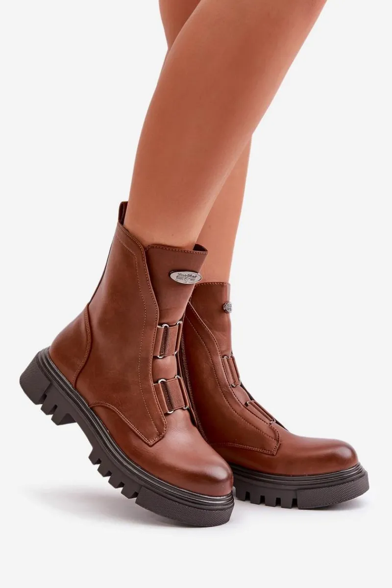 Ocieplane Botki Workery Damskie Na Zamek Eko Skórzane Brązowe Mailyra Damskie Botki Zimowe Damskie|Brązowe I Beżowe Botki